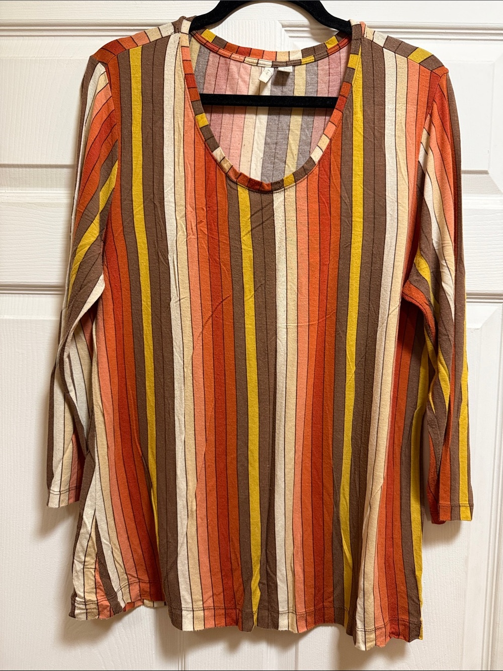 Striped Scoop Neck Long-Sleeve Top in Rust Multi